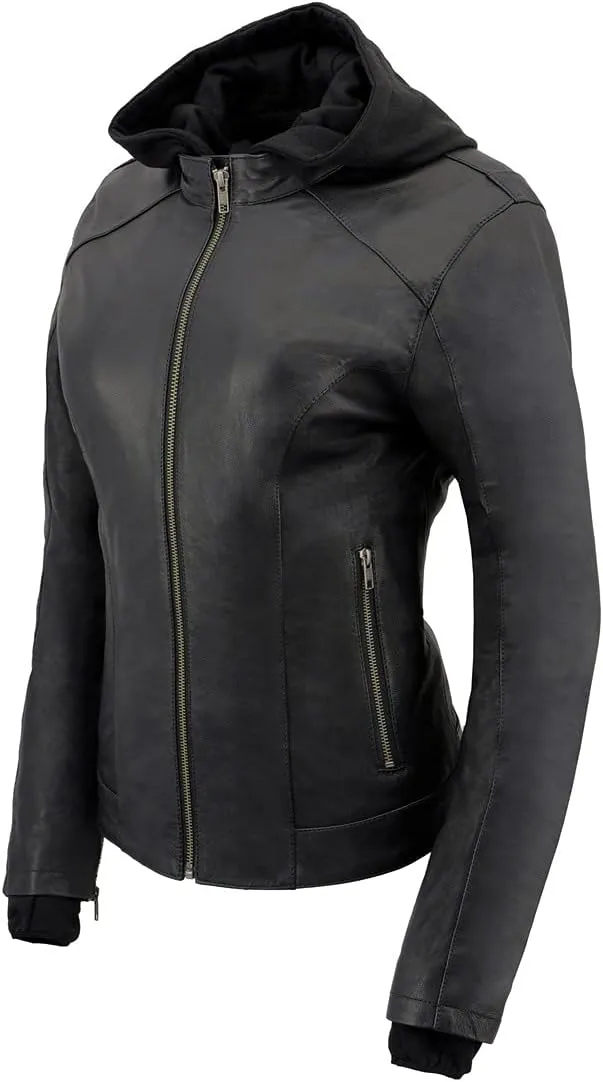 Milwaukee Leather MLL2545 Women's Lightweight Black Leather Jacket with Removable Hoodie