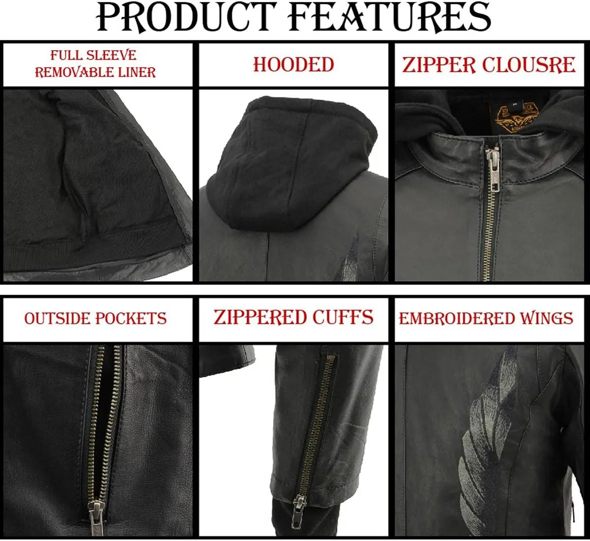 Milwaukee Leather MLL2545 Women's Lightweight Black Leather Jacket with Removable Hoodie