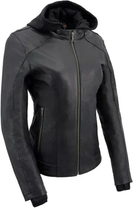 Milwaukee Leather MLL2545 Women's Lightweight Black Leather Jacket with Removable Hoodie