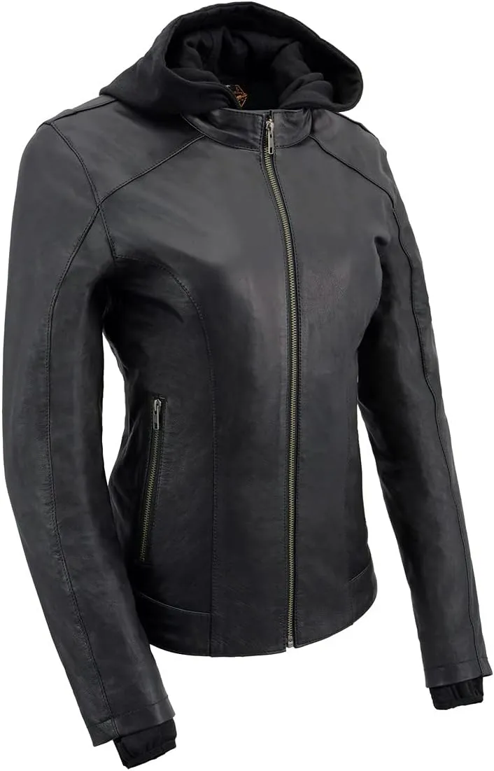 Milwaukee Leather MLL2545 Women's Lightweight Black Leather Jacket with Removable Hoodie
