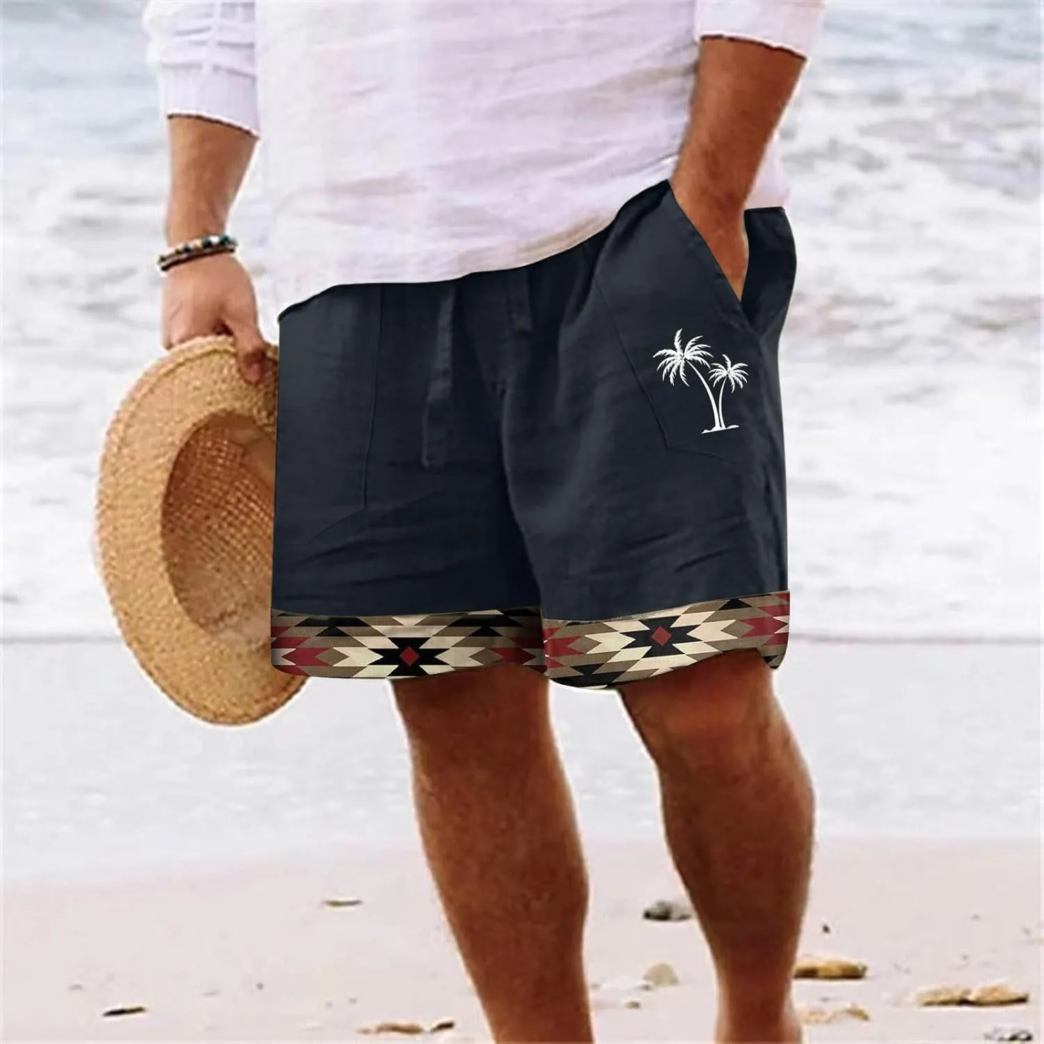 Muscularfit Men's Summer Casual Cotton Linen Shorts with Drawstring Elastic Waist, Beach Shorts with Pockets, Outdoor Fashion