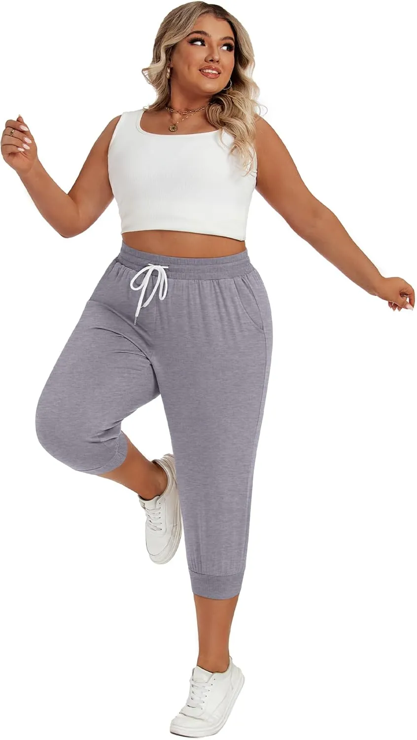 Neer 3 Pack Women's Plus Size Capris, Cotton Lounge Capri Pants Cropped Casual Sweatpants Drawstring Pants with Pockets