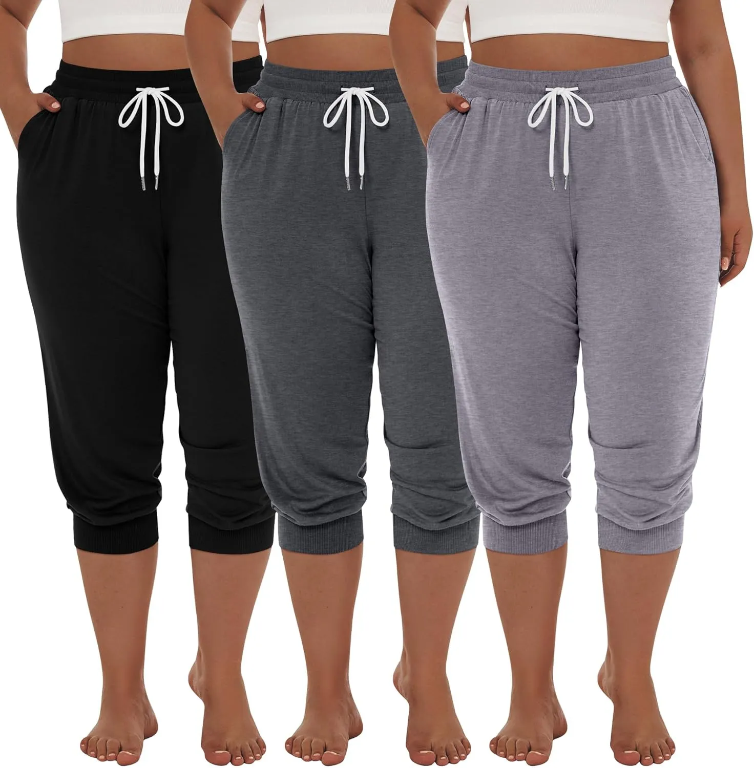 Neer 3 Pack Women's Plus Size Capris, Cotton Lounge Capri Pants Cropped Casual Sweatpants Drawstring Pants with Pockets