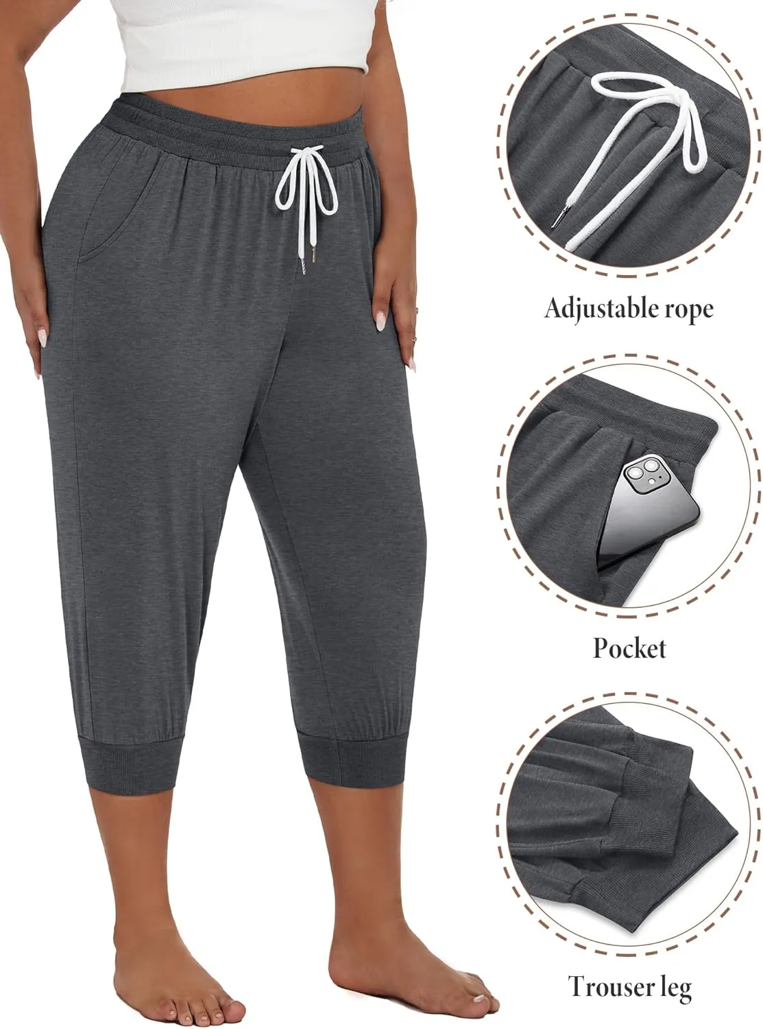 Neer 3 Pack Women's Plus Size Capris, Cotton Lounge Capri Pants Cropped Casual Sweatpants Drawstring Pants with Pockets
