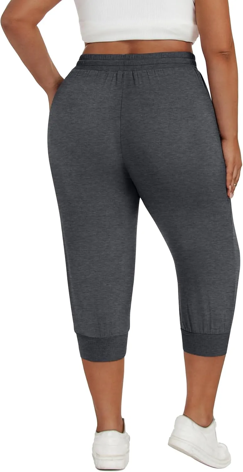 Neer 3 Pack Women's Plus Size Capris, Cotton Lounge Capri Pants Cropped Casual Sweatpants Drawstring Pants with Pockets