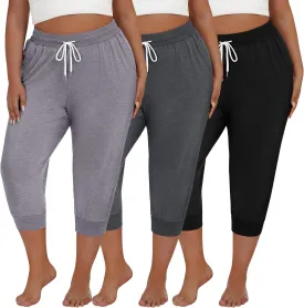 Neer 3 Pack Women's Plus Size Capris, Cotton Lounge Capri Pants Cropped Casual Sweatpants Drawstring Pants with Pockets