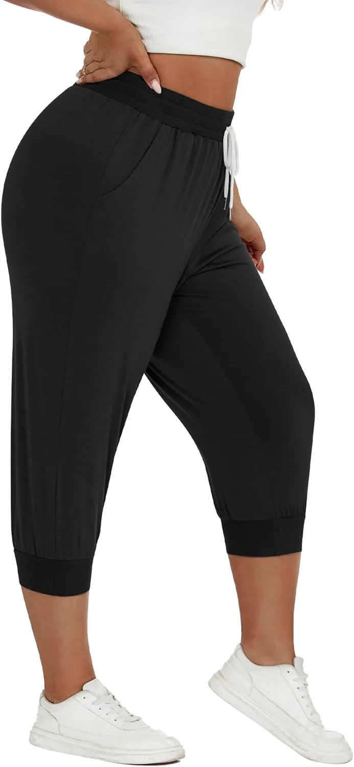 Neer 3 Pack Women's Plus Size Capris, Cotton Lounge Capri Pants Cropped Casual Sweatpants Drawstring Pants with Pockets