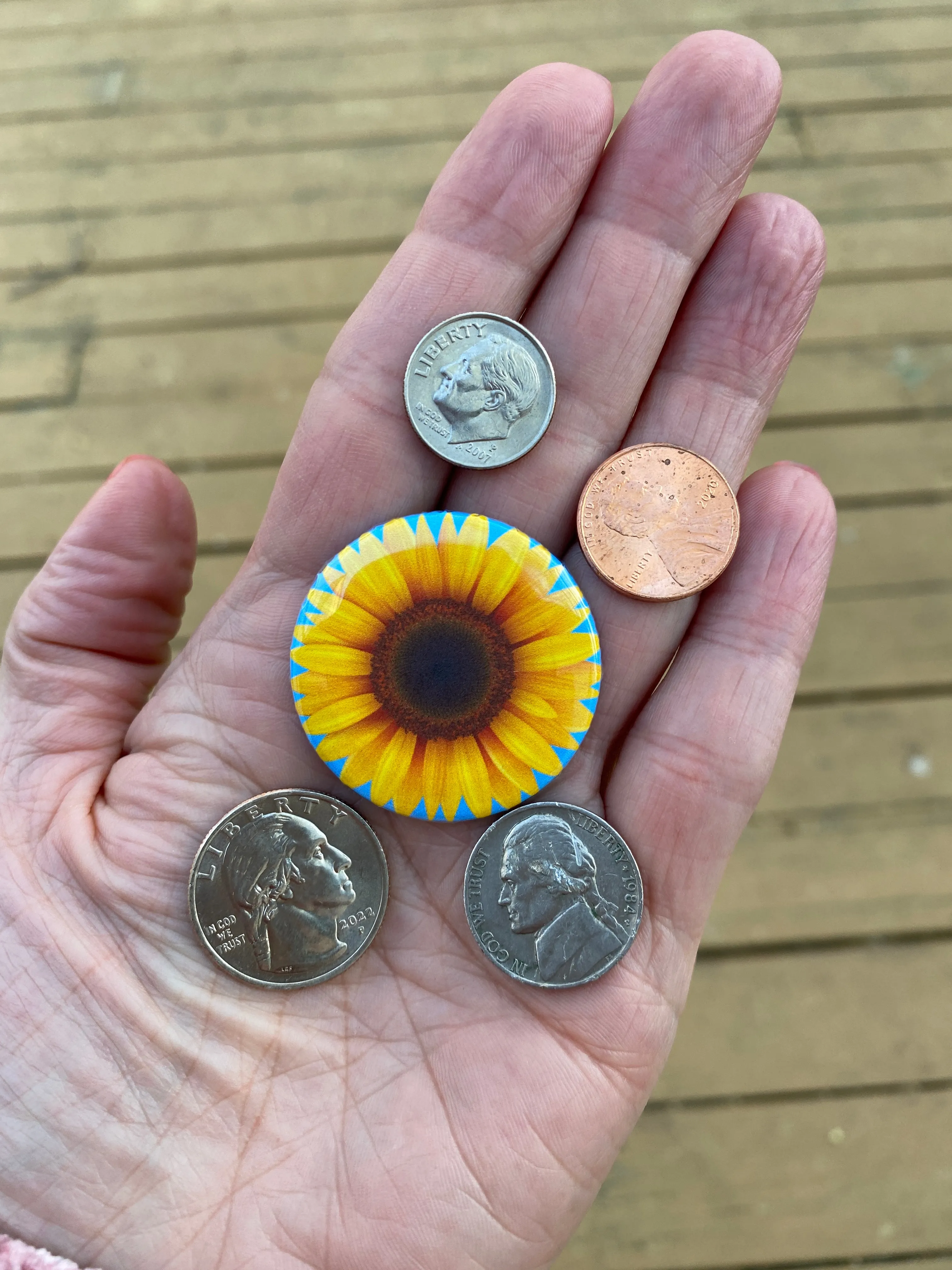 Pin Back Button Sunflower with blue background