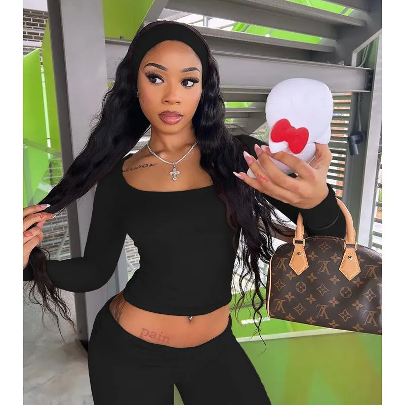 Uniwim 2000s fashion Square Collar Pleated Basic Suit Autumn New Casual Sports Tight Long Sleeve Trousers for Women