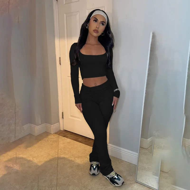 Uniwim 2000s fashion Square Collar Pleated Basic Suit Autumn New Casual Sports Tight Long Sleeve Trousers for Women