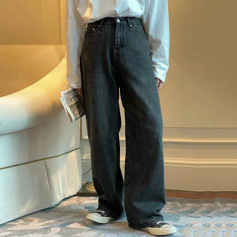 Wiaofellas  -  Gray Black Floor Pants Men's American Vintage New Loose Straight Jeans Spring Wide Leg Denim Trousers Male 2Y2572