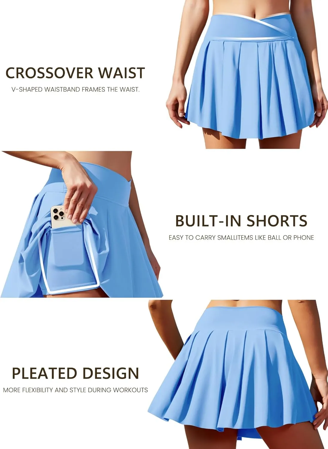 Women's Athletic Skirts Crossover Wide Waistband Flowy Tennis Sports Skort with Inner Shorts Pockets