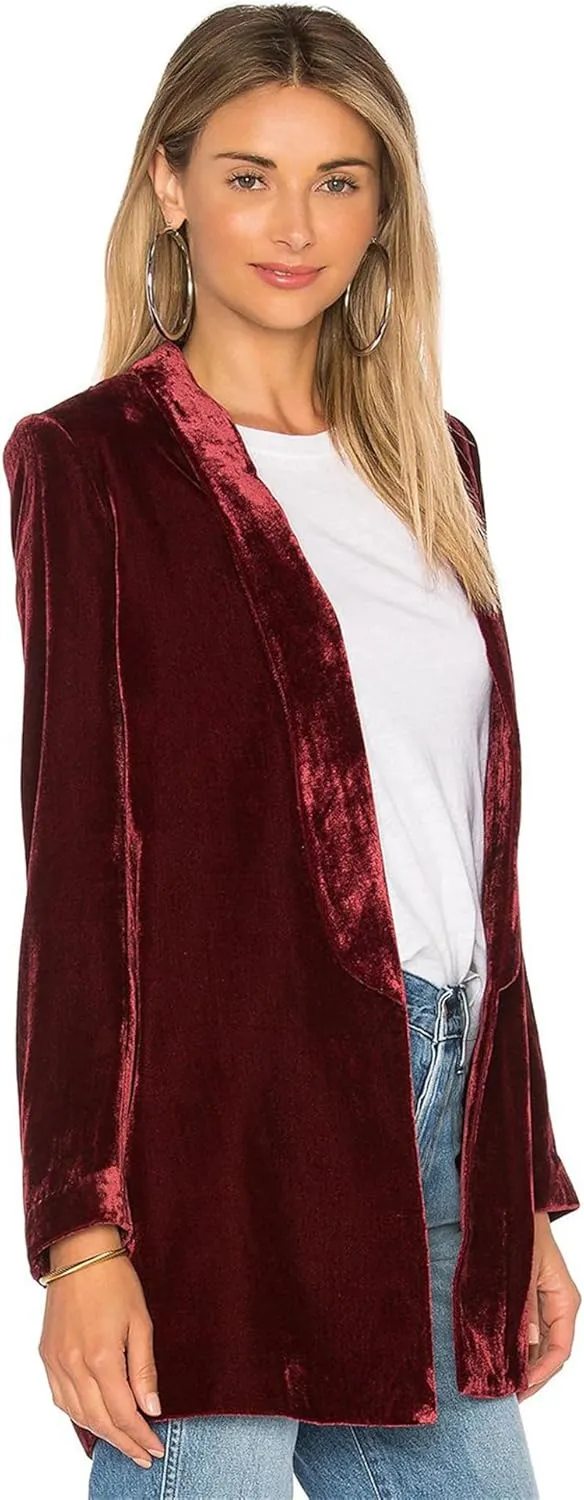 Women's Velvet Blazer Jackets Casual Long Sleeve Lapel Collar Pocketed Velvet Cardigan