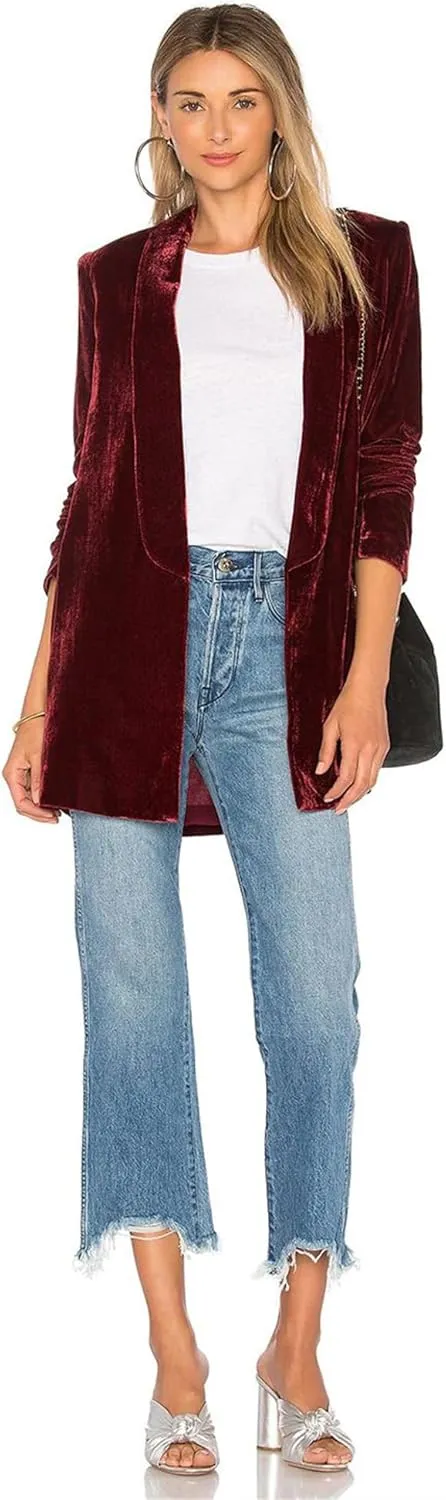 Women's Velvet Blazer Jackets Casual Long Sleeve Lapel Collar Pocketed Velvet Cardigan